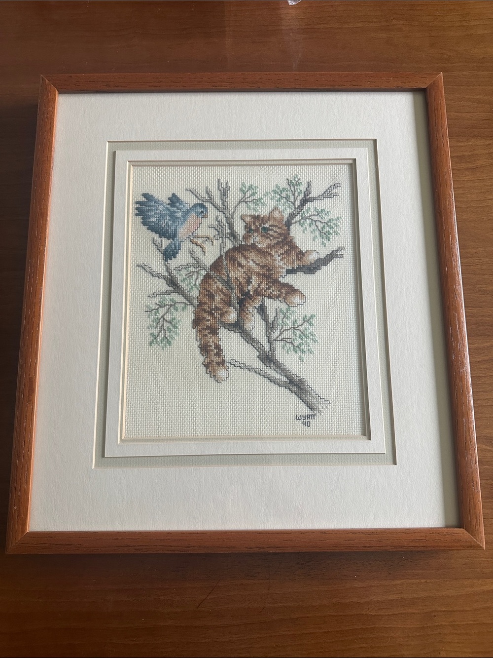 Vintage 1990 Dimensions Cross Stitch Framed Art - Kitten & Bluebird by Wyatt